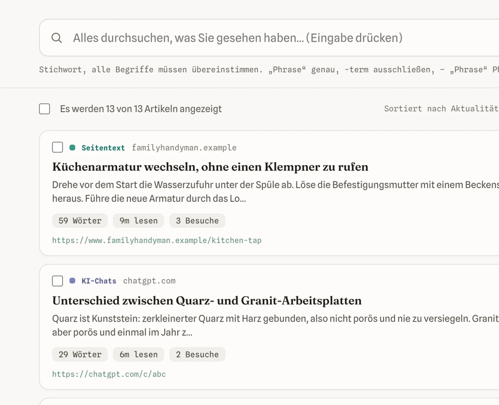 Suche in Browser Full History, mit gespeicherten Seiten und einem KI-Chat