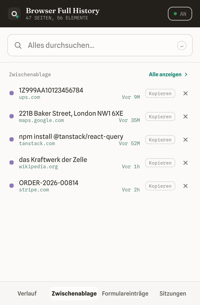 Der Zwischenablage-Tab im Popup mit den zuletzt kopierten Ausschnitten
