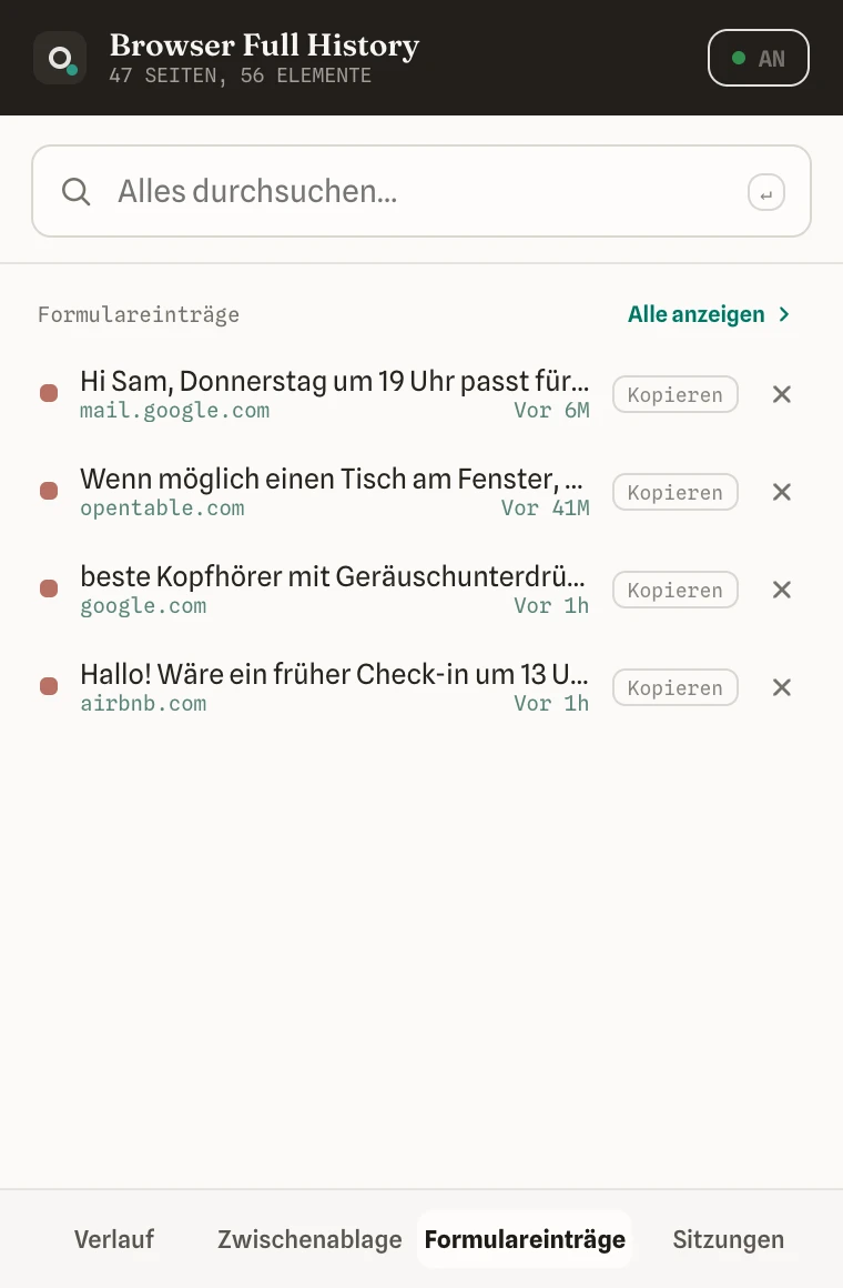 Der Tab „Formulareinträge“ im Popup mit den von Ihnen getippten Werten