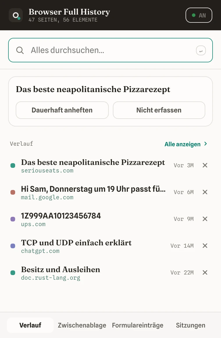 Das Erweiterungs-Popup mit den letzten Erfassungen und einem Suchfeld