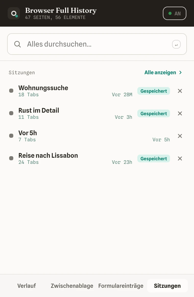 Der Sitzungen-Tab im Popup mit gespeicherten Tab-Sätzen
