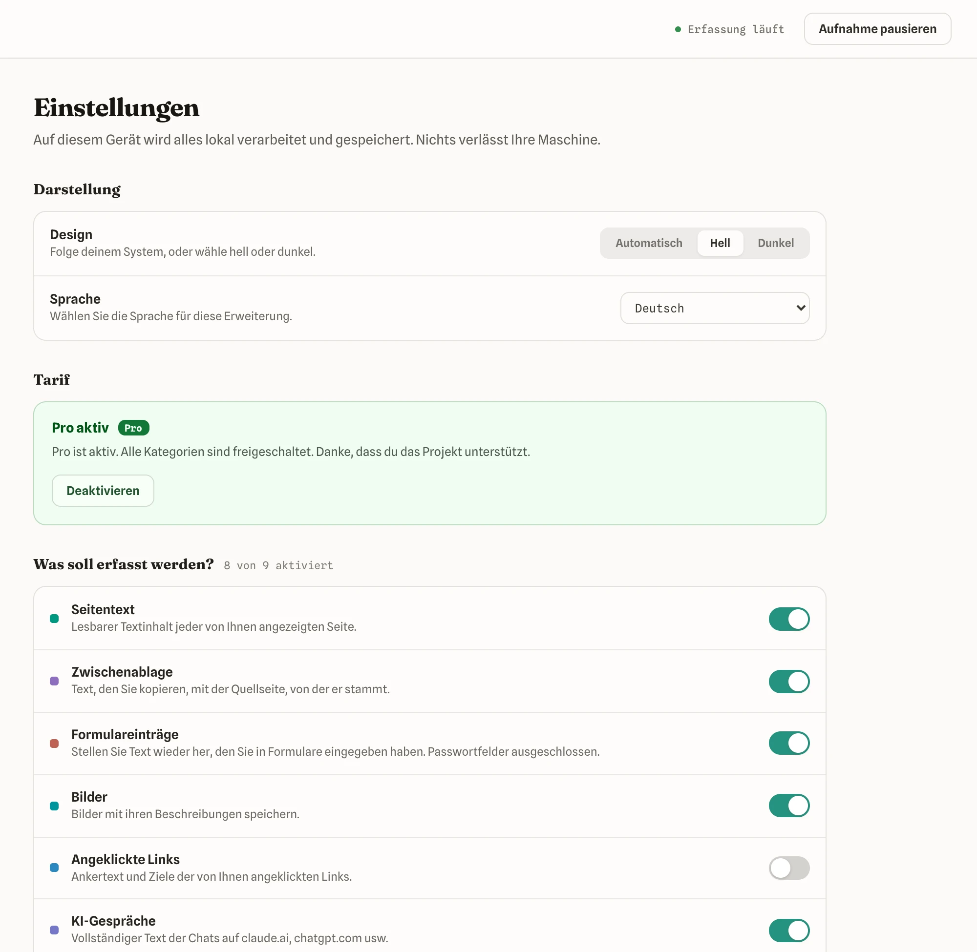 Einstellungen, mit Schaltern für die Erfassung und Datenschutzoptionen
