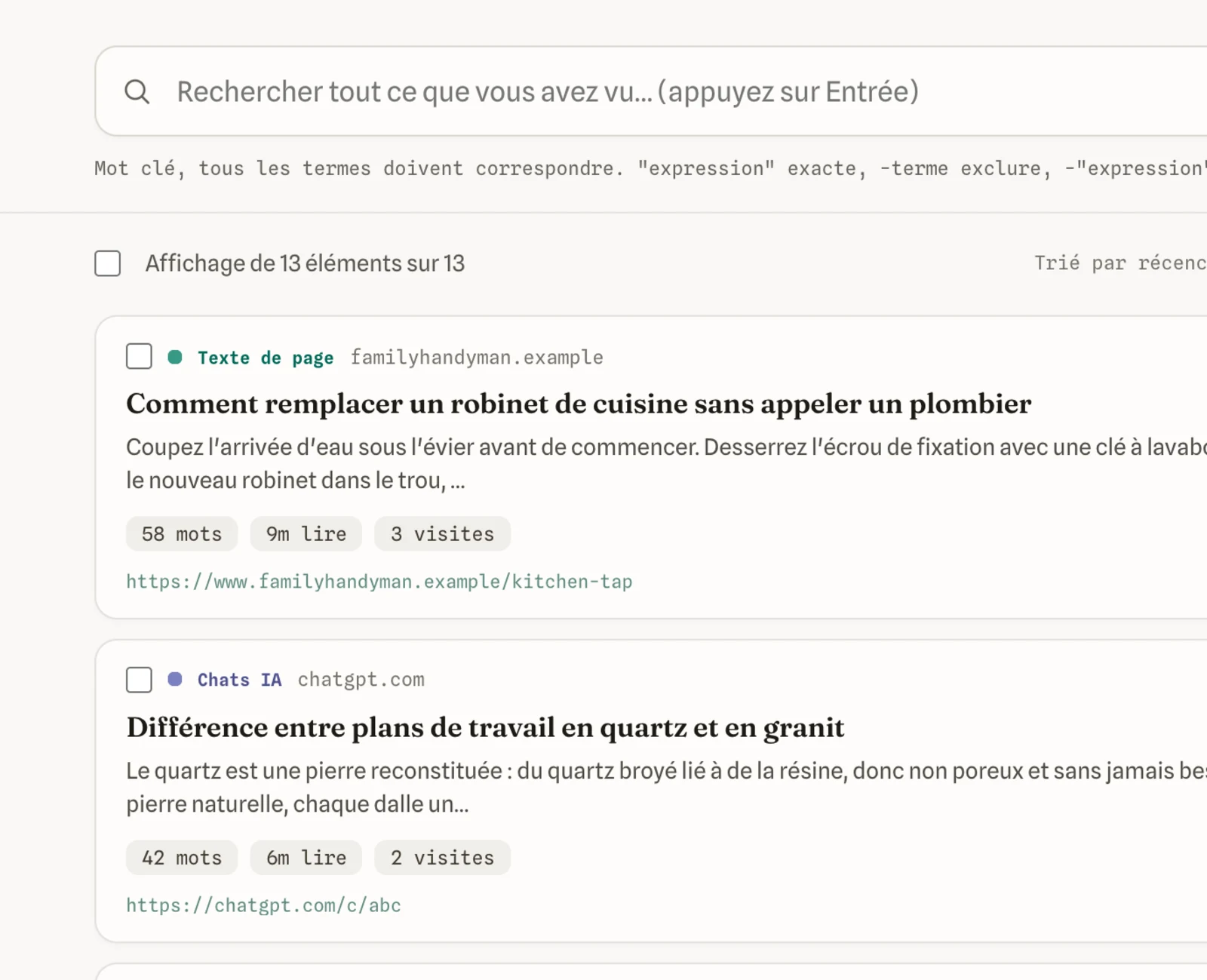 Recherche dans Browser Full History, avec des pages enregistrées et un chat IA