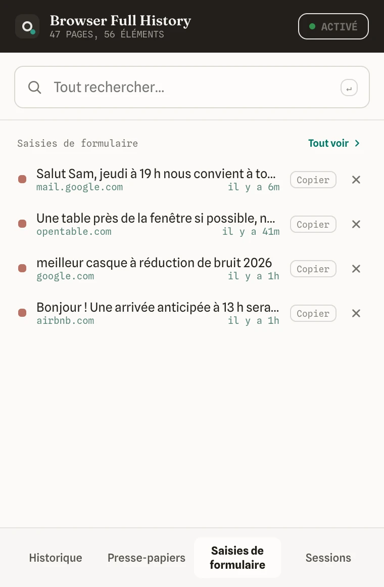 L’onglet Saisies de formulaire de la fenêtre avec les valeurs que vous avez tapées