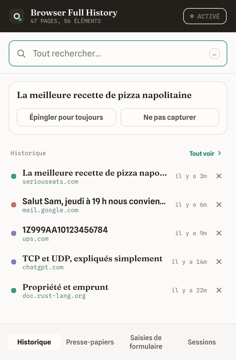 La fenêtre de l’extension montrant les captures récentes et un champ de recherche