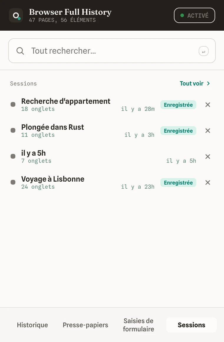 L’onglet Sessions de la fenêtre avec des ensembles d’onglets enregistrés