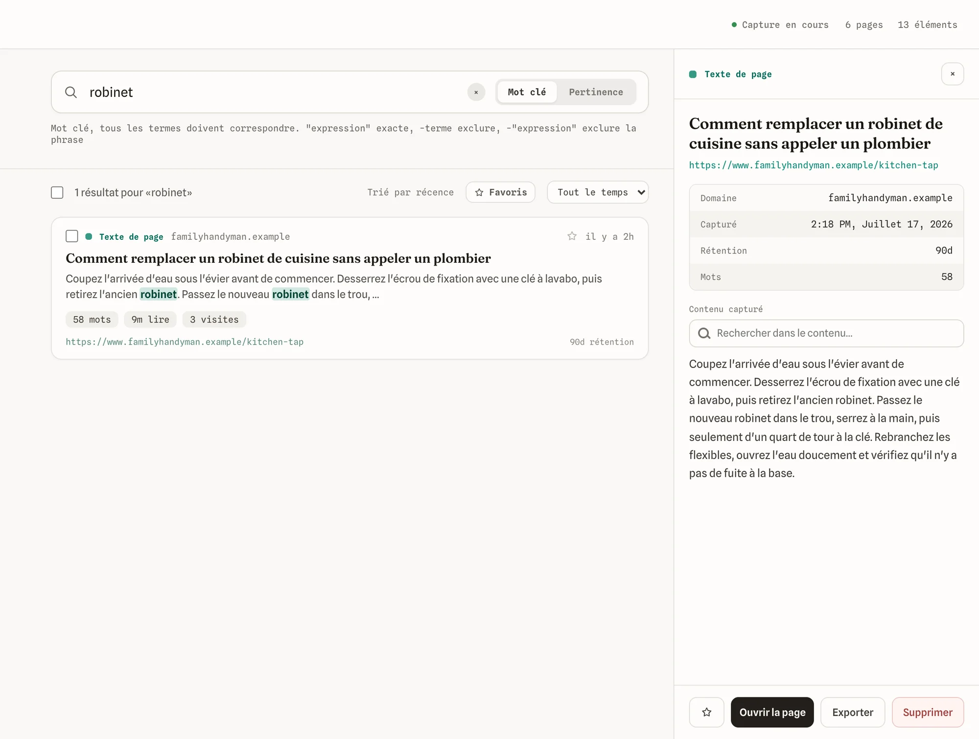 Une page enregistrée ouverte, avec son texte complet capturé et ses détails