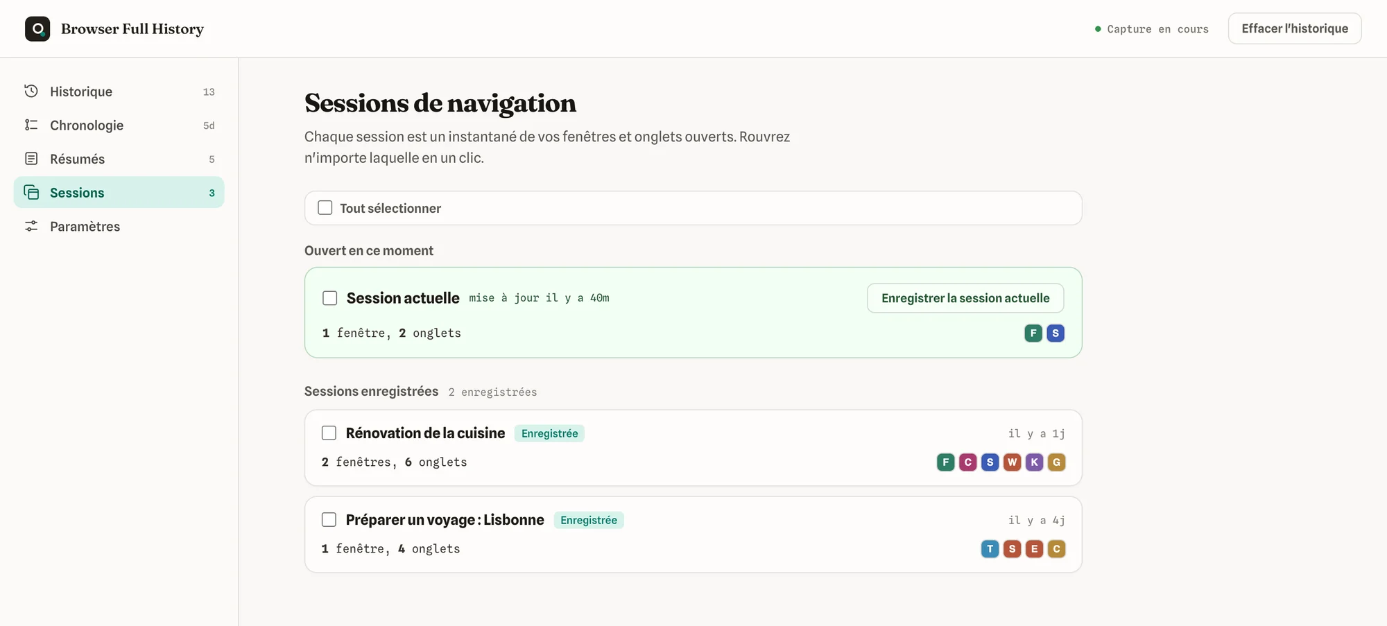 Des sessions de navigation enregistrées, à rouvrir en un clic